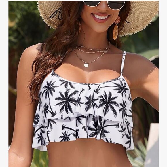 NWT 2 piece swimsuit ruffled flounce top high full coverage bottom NEW XL - Picture 8 of 9